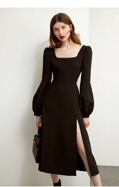 Elegant Vintage Black Retro Long Sleeve Split Midi Chiffon Dress | Uniqistic.com Black Dress For Concert, Chiffon Dress With Lantern Sleeves, Fall Party Chiffon Midi Dress, Elegant Midi Dress With Lantern Sleeves For Night Out, Solid Color Long Sleeve Chiffon Evening Dress, Elegant Lantern Sleeve Midi Dress For Night Out, Fitted Chiffon Dress In Solid Color, Fitted Solid Chiffon Dress, Fitted Solid Color Chiffon Dress