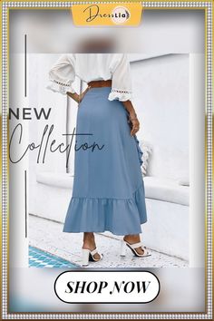 Women's Clothing Skirts Blue Solid Color Spring Autumn Skinny Skirt Lace Up High Waist Ruffle Hem Midi A-line Skirt Blue Solid Color, Blue Solid, A Line Skirt, Ruffle Hem, A Line Skirts, High Waist, Women's Clothing, A Line, Lace Up