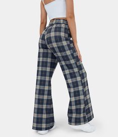 Women’s High Waisted Plaid Wide Leg Casual Pants - HALARA Plaid Pants Outfit Women, Stacked Sweatpants, Sweatpants Cargo, Wide Leg Casual Pants, Tomboy Femme, Plaid Jeans, Bday List, Modest Fits, Winter Work