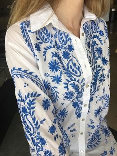 Beautiful Pong blue on white boyfriend style shirt long sleeve great with denim This blouse can be made with almost any color embroidery as a custom order. loose fit This design can also come in our best selling swing body style with 3/4 slv. Message with any questions. Bohemian Embroidered Button-up Shirt, White Bohemian Button-up Shirt, White Long Sleeve Bohemian Shirt, Summer Embroidered Long Sleeve Shirt, White Embroidered Beach Shirt, White Floral Embroidered Shirt For The Beach, White Floral Embroidered Shirt For Beach, White Floral Embroidered Beach Shirt, White Long Sleeve Shirt For Festival