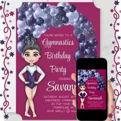 Girls Gymnastics Birthday Party Blue and Magenta Invitation (Beautiful Gymnastics Girls Birthday Party Invitation with blue sparkle balloon arch) #GymnasticsParty #GirlsGymnastics #BirthdayPartyInvites #MagentaInvitation #KidsGymnasticsFun Blue Balloon Arch, Gymnastics Invitations, Gymnastics Birthday Invitations, Gymnastics Birthday Party, Birthday Party Blue, Gymnast Birthday Party, Blue And Magenta, Gymnastics Birthday