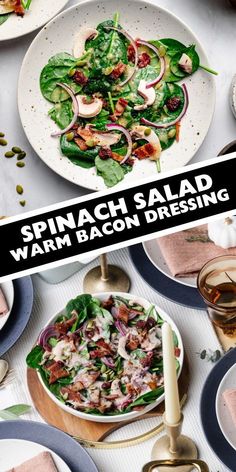 spinach salad with bacon and dressing on the side, surrounded by other dishes that are ready to be eaten