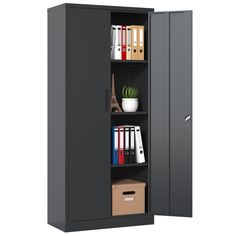 an office storage cabinet with two shelves and file folders on the bottom, one door open