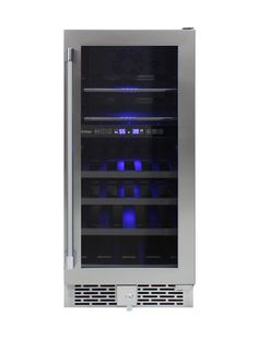 an empty wine cooler with blue lights on the front and bottom shelves in stainless steel