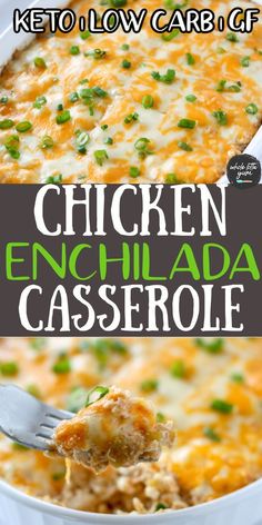 chicken enchilada casserole is shown in a white dish with a spoon