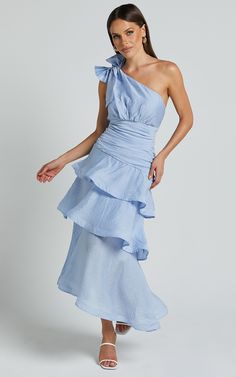 Eugenia Midi Dress - One Shoulder Fit and Flare Layered Dress in Pale Blue | Showpo USA Tik Tok Dress, Garden Formal Attire, Pale Blue Dresses, Garden Formal, Ceremony Dresses, Cocktail Dress Wedding, Layered Dress, Blue Bridesmaids, Layer Dress