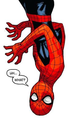 spider - man is hanging upside down with his arms stretched out and hands extended to the side