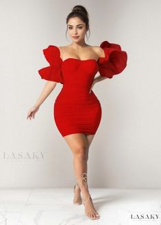 Lasaky - Elegant Irregular Sleeve Dress with a Touch of Seduction Red Stretch Mini Dress With Ruffles, Stretch Red Mini Dress With Ruffles, Asymmetrical Stretch Dress With Ruffles, Trendy Ruffled Midi Dress For Party, Trendy Fitted Formal Dress, Red One-shoulder Dress For Party Season, Flirty Asymmetrical Stretch Dress, Trendy Ruched Midi Dress For Party, Flirty Stretch Asymmetrical Dress