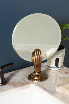 a bathroom sink with a mirror on top of it next to a potted plant