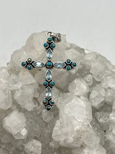 "Blue Copper Turquoise and Blue Topaz Cross Pendant Chain included. 18-20\"   925 Sterling Silver WWW.KARINSFORGOTTENTREASURES.COM" Sterling Silver Turquoise Necklace Stamped 925, Sterling Silver Turquoise Necklace With Stones, Blue Gemstones Stamped 925 As Gift, Blue Turquoise Gemstone Necklace In Sterling Silver, Spiritual Blue Jewelry With Gemstone Accents, Blue Hallmarked Spiritual Necklaces, Blue Sterling Silver Spiritual Jewelry, Spiritual Blue Turquoise Sterling Silver Necklace, Blue Multi-stone Jewelry For Gifts