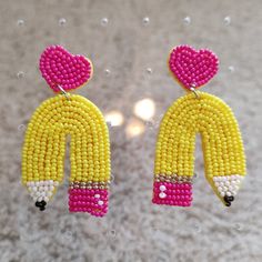 - Brand-New Beaded Pencil Earrings - Perfect For A Teacher's Back-To-School Wardrobe - Lightweight - Felt Backing - Yellow And Pink - Approx. 2.25" Tall - Offers Welcome Gold Thread Earrings, Pencil Earrings, Gold Heart Stud Earrings, Gold Heart Studs, Teacher Back To School, Dangle Hoop Earrings, Thread Earrings, Rice Bead, Tassel Drop Earrings