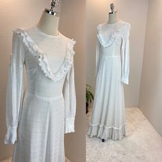 "1970s Prairie dress / 70s dress / 1970s dress This gorgeous 1970s dress has so much style. Her fabric is gorgeous, she has a high neck with bodice ruffles, fabulous sleeves with cuffs trimmed with pearls and a long skirt. She would make a lovely wedding dress, summer dress or church dress. She is fully lined in nylon. Measurements provided are flat and have been doubled. Please note this dress is small with narrow sleeves. Bust 32\" Waist 27\" Hips 41\" Length 56\" Shoulders 16\" ❤️ Condition: Wedding Dress Summer, Lovely Wedding Dress, 1970s Dress, Church Dress, Dress 70s, 1970s Dresses, Church Dresses, 70s Dress, Prairie Dress