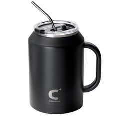 a black coffee mug with a straw sticking out of it's top and lid