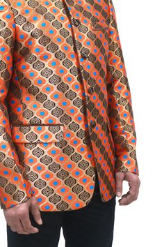 Elevate your ensemble with this exquisite Banarasi Brocade Art Silk Men's Jacket, a fusion of traditional craftsmanship and contemporary style. Perfect for men's weddings, proms, parties, or any special occasion, this jacket embodies luxury and sophistication. Crafted from high-quality Banarasi brocade art silk, this jacket exudes opulence and elegance. Its intricate weaving and rich texture add a touch of grandeur to your attire, making it ideal for those seeking a refined and distinguished loo Designer Nehru Jacket For Festivals And Parties, Designer Nehru Jacket For Party And Festivals, Fitted Elegant Orange Traditional Wear, Designer Nehru Jacket For Diwali Party, Fitted Orange Traditional Wear With Long Sleeves, Designer Fitted Suits For Festivals, Traditional Fitted Blazer For Diwali, Formal Brown Fitted Nehru Jacket, Diwali Traditional Fitted Blazer