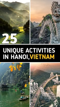 the cover of 25 unique activities in vietnam with images of mountains, rivers and bridges