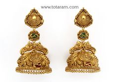 22 Karat Gold "Peacock" Jhumkas (Buttalu) - Gold Dangle Earrings with Color Stones & Beads (Temple Jewellery)  

  Enhance Your Beauty with 22 Karat Gold "Peacock" Jhumkas (Buttalu)  Indulge in the elegance of Indian craftsmanship with these exquisite 22 Karat Gold "Peacock" Jhumkas (Buttalu) from Totaram Jewelers. These stunning gold dangle earrings are intricately designed with colorful stones and beads, adding a touch of glamour to any outfit. The temple jewelry inspired d Luxury Gold Temple Jewelry Jhumkas, Luxury Gold Jhumkas With Stone Work, Luxury Gold Plated Chandbali Chandelier Earrings, Luxury Gold Chandbali Gown, Luxury Chandbali Jeweled Danglers, Luxury Gold Chandbali Chandelier Earrings, Long Buttalu Earrings Gold, Luxury Temple Jewelry Earrings With Stone Work, Buttalu Gold