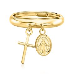 Ross-Simons - Italian 14kt Yellow Gold Religious Charm Ring Size 9. Portray your faith in the most fashionable way possible. This 14kt yellow gold creation from Italy dangles a cross charm and the Miraculous Medal. Polished finish. 1/8" wide. 14kt yellow gold religious charm ring. Jewelry Presentation, Charm Ring, Miraculous Medal, Charm Rings, Cross Charms, Gold Gold, Top Rated, Ebay Store, 4 Inch