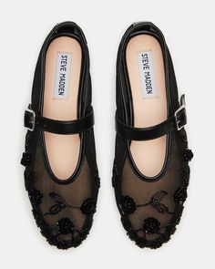 DREAMING Black Mesh Embellished Mary Jane | Women's Flats – Steve Madden Steve Madden Flats Outfit, Mesh Ballet Flats Outfit, Mesh Flats Outfit, Black Flats Outfit, Ballet Flats Outfit, Flat Sandals For Women, Steve Madden Flats, Mesh Flats, Fashion Shoes Sandals