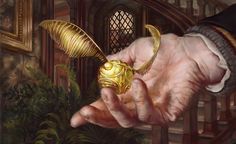 a painting of a hand holding a golden object