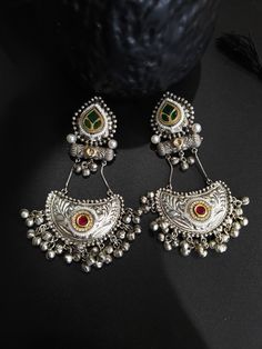 Around 4 inches Brass made Top is polished or coated with pure silver Note if u are in Instagram please visit website for more pics Silver Chandbali Fusion Chandelier Earrings, Handmade Silver Fusion Style Jhumkas, Handmade Silver Fusion Jhumkas, Sterling Silver Chandbali Bridal Earrings, Silver Fusion Chandbalis With Latkans, Silver Fusion Style Drop Jhumkas, Fusion Style Silver Chandbalis With Latkans, Silver Fusion Style Chandbalis With Latkans, Silver Dual-tone Temple Jewelry Chandbalis