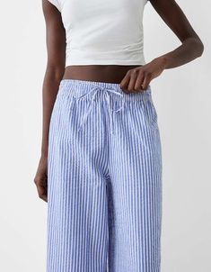 Bershka deep waistband wide leg pants in blue stripe | ASOS Spring Striped Wide Leg Pants With Relaxed Fit, Chic Striped Bottoms With Elastic Waistband, Summer Wide Leg Bottoms With Vertical Stripes, Casual Wide Leg Bottoms With Vertical Stripes, Casual Striped Bottoms With Drawstring, Striped Wide Leg Loungewear Bottoms, Striped Wide Leg Bottoms With Relaxed Fit, Casual Wide-leg Pants With Vertical Stripes, Striped Wide Leg Trousers With Elastic Waistband