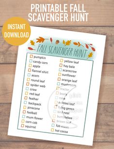 the printable fall scavenger hunt is shown on top of a wooden table