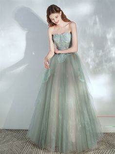 Light Green Prom Dress, Prom Dress Green, Lace Long Prom Dress, Sparkly Party Dress, Strapless Summer Dress, Green Evening Dress, Green Tulle, Lace Evening Gowns, A Line Evening Dress