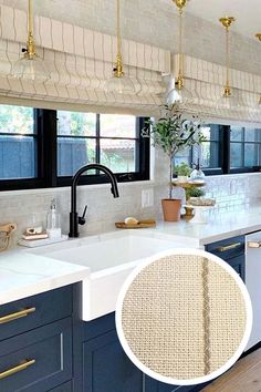 a kitchen with blue cabinets and white counter tops, gold trim on the window sill