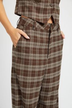 Slip on these dark brown, high-rise plaid trousers and make a statement - be it dolled up in a our matching dapper vest, or casual-cool with your go-to tee. *LISTING IS FOR PANTS ONLY* VEST AVAIL IN SEPARATE LISTING* model is 5’9” and wearing a small Fabric Contents: 80% Polyester, 15% rayon, 5% spandex * color may vary slightly due to image and screen lighting* **FREE SHIPPING** *In stock ships approx. 2-3 bus days after purchase from CA* Funky Pants, Burgundy Outfit, Plaid Trousers, High Waist Trousers, Dolman Sleeve Sweater, Cardigan Sweater Coat, Feeling Confident, Denim Accessories, Trouser Style