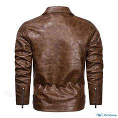 OrcaJump - Washed Leather Jacket, a Stylish Casual Outerwear Rugged Outerwear With Zipper For Fall, Rugged Outerwear With Zipper Closure For Fall, Rugged Fall Outerwear With Zipper Closure, Rugged Leather Jacket With Pockets For Winter, Long Sleeve Biker Leather Jacket For Outdoor, Brown Leather Jacket With Stand Collar For Winter, Casual Brown Hooded Biker Jacket, Casual Biker Jacket For Fall, Brown Biker Jacket With Zipper Closure For Outdoor