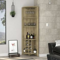 a living room filled with furniture next to a wall mounted wine glass holder and shelf