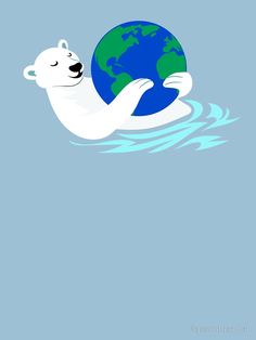 a polar bear floating on top of the ocean with a globe in its paws,