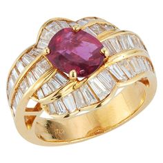 Oval Cut Ruby & Baguette Cut Diamonds Ring AGL Certified 18K Gold Ring with Center Oval Ruby approximately 1.87 cts with 54 Surrounding Tapered Baguette Cut Diamonds approximately 2.27 cts Ring Size 6.25 Resizable Free of Charge Elegant Luxury Baguette Cut Ruby Ring, Luxury Elegant Baguette Cut Ruby Ring, Ruby Jewel, Sparkly Jewelry, High Fashion Outfits, Diamonds Ring, 18k Gold Ring, Baguette Cut Diamond, Baguette Cut