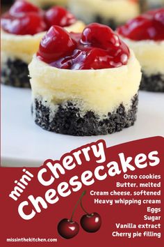 These Mini Cherry Cheesecakes are a perfect bite-sized treat for any party or special occasion! 🍒 With a delicious Oreo crust, creamy cheesecake filling, and a cherry topping, they’re sure to be a crowd-pleaser.  #MiniCheesecakes #CherryDessert #PartyDesserts #BiteSizedTreats Cheesecake Cherry, Mini Cherry Cheesecakes, Cherry Cheesecake Recipe, Cheesecake Desserts Recipes, Mini Cheesecake Recipes, Chocolate Chip Cheesecake, Bite Size Desserts, Cherry Cheesecake, Summer Cookouts