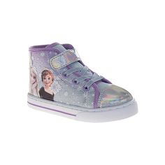 a child's high top sneaker with an image of frozen princess on the side