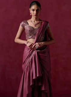 Mauve Embroidered Ruffled Silk Saree – Lashkaraa Engagement Lehenga, Asian Clothes, Ruffle Sarees, Half Saree Lehenga, Embroidered Hem, Ruffle Saree, Sarees Silk, Drape Saree, Casual Saree