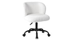 an office chair with wheels and a white sheepskin upholstered on the back