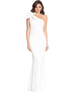 XSCAPE Long Scuba Ruched One-Shoulder Flower | Zappos.com Scuba Gown, Dress With Ruching, Maxi Gown, White Gowns, Flower Dress, White Maxi, Ivory Color, Flower Dresses, Fancy Dresses