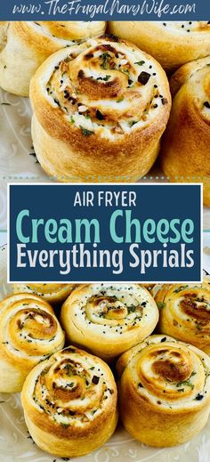 air fryer cream cheese spirals on a plate with text overlay that reads, air fryer cream cheese everything sprinkled