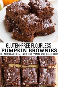 gluten - free flourless pumpkin brownies on a white plate with text overlay