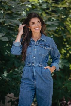 A one stop shop denim must have for fall! Pair with heels or a pair of sneakers and switch up the vibe with this versatile piece! Before you buy: True to size Relaxed pleated denim style You can cuff the bottom Chic Medium Wash Denim Jumpsuit With Long Sleeves, Casual Fall Denim Jumpsuit In Medium Wash, Relaxed Fit Button-up Denim Jumpsuit For Fall, Fall Button-up Medium Wash Denim Jumpsuit, Chic Medium Wash Jumpsuits And Rompers For Fall, Chic Medium Wash Jumpsuit For Fall, Long Sleeve Denim Jumpsuit For Fall, Chic Denim Jumpsuits And Rompers For Fall, Trendy Denim Jumpsuit For Fall