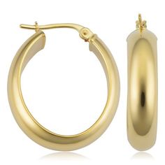 A simple, charming pair of gold earrings is showcased in this Italian gold jewelry for women and it is beautifully crafted in 14 karat yellow gold. Oval gold hoops are showcased in this women's 14k gold jewelry and these gold earrings offers a sophisticated look and charming design that is definitely eye catching, and it features the brilliant shine of high polish finished yellow gold to perfection Size: one size.  Gender: female.  Age Group: adult. Italian Gold Jewelry, Oval Hoop Earrings, Gold Polish, Gold Hoops, Jewelry For Women, Gender Female, Womens Watches, Gold Earrings, Women's Earrings