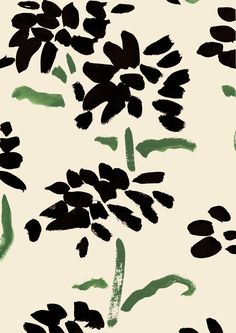 black and green flowers on a white background with brush strokes in the form of paint