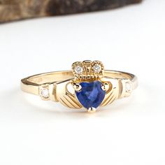 Claddagh Engagement Ring 14K Gold Diamond & Sapphire Irish Engagement Rings, Ring Meaning, Claddagh Engagement Ring, Diamond Claddagh Ring, Claddagh Ring Wedding, Irish Ring Claddagh, Celtic Engagement Rings, Irish Rings, Luxury Jewelry Box