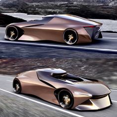 the concept car is going down the road in two different directions, and it appears to be gold