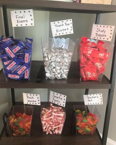 the shelves are filled with candy and candies for teachers to make their own name tags