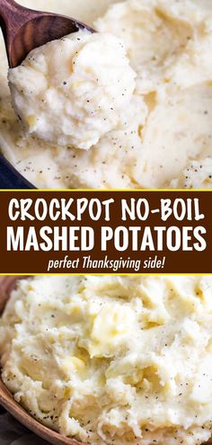 a close up of mashed potatoes in a bowl with a wooden spoon on the side