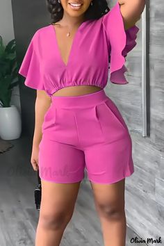 Olivia Mark - Stylish Deep Blue Patchwork Two-Piece Set with Flounce Detail, V-Neck, and Short Sleeves for Casual Wear Two Piece Shorts Set, Two Piece Short Set, Ruffle Crop Top, Crop Top And Shorts, Ruffle Shorts, Butterfly Sleeves, Neck Crop Top, Casual Sets, Two Piece Outfit