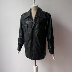 "Vintage - 100% Real Leather Overshirt Jacket Label size 52, fit size M, in men size, slim fit Flat measurements - armpit to armpit: 54 cm (21\"), shoulders 46 cm (18\"), length 74 cm (29\") Great vintage condition" Retro Single Breasted Leather Jacket With Long Sleeves, Fitted Long Sleeve Single Breasted Leather Jacket, Single Breasted Fitted Tops For Business, Fitted Single Breasted Business Tops, Single Breasted Fitted Top With Lapel Collar, Fitted Single Breasted Shirt For Fall, Retro Long Sleeve Leather Jacket For Work, Winter Fitted Shirt With Spread Collar, Fitted Winter Shirt With Spread Collar