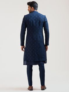 PAMA216 Elegant Blue Designer Outerwear, Blue Formal Outerwear For Eid, Elegant Blue Outerwear For Eid, Elegant Blue Nehru Jacket With Resham Embroidery, Blue Formal Sets For Winter, Blue Formal Winter Sets, Elegant Blue Outerwear With Zari Work, Elegant Semi-formal Blue Traditional Wear, Elegant Blue Semi-formal Traditional Wear